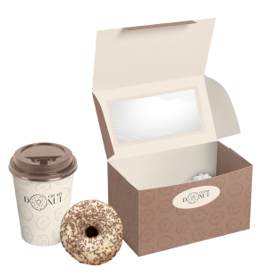 coffee with a donut and a box